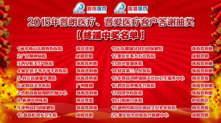 2015年普朗醫(yī)療、普愛醫(yī)療客戶答謝抽獎結(jié)果終端中獎名單